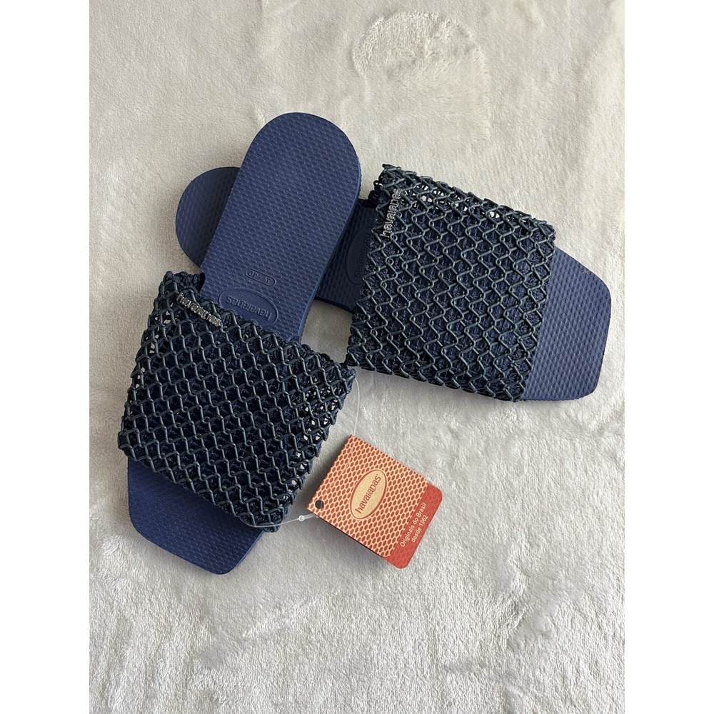 Havaianas Sandals Women 9/10 Navy Blue Mesh Alpargatas Slip On NWT Brazil